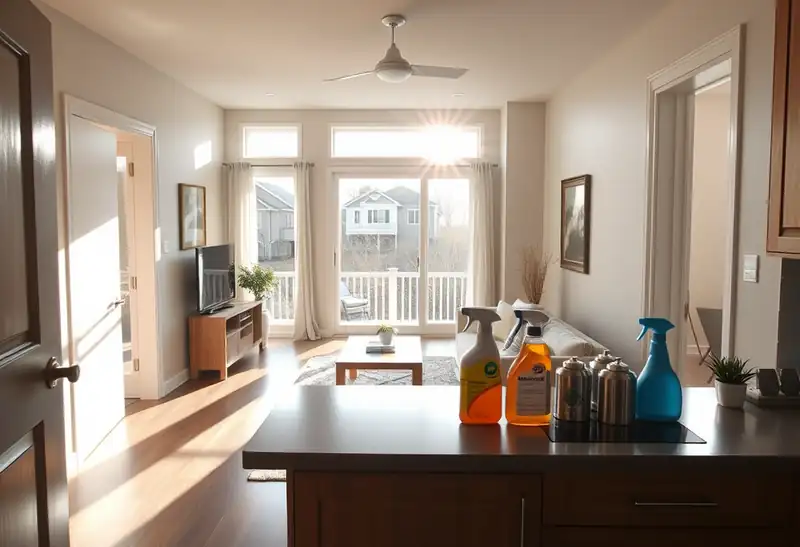 Illustration of clean bright living room with cleaning supplies on a counter in a 2009-era home