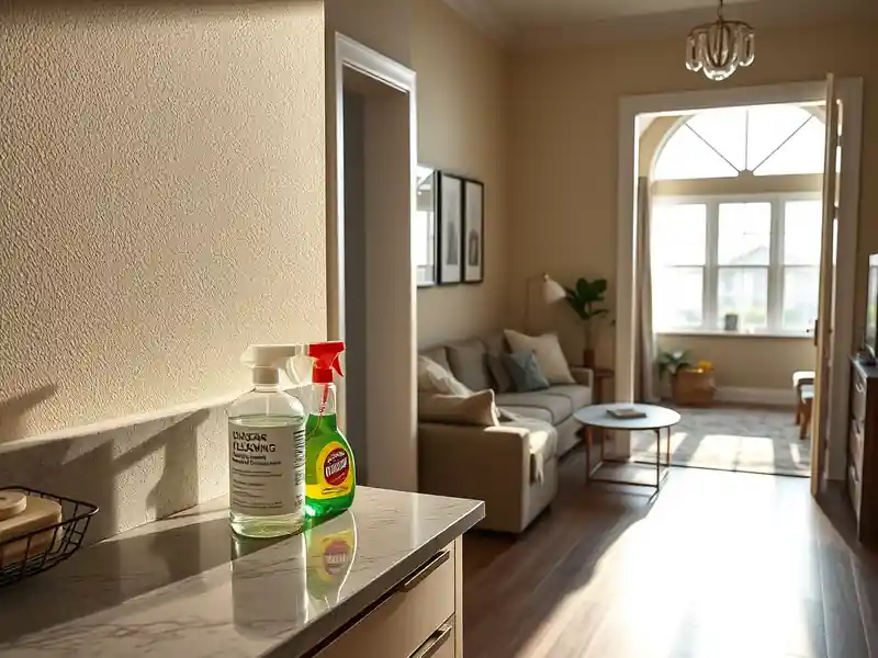 Illustration of close-up of materials and finishes of clean bright living room with cleaning supplies on a counter in a 2009-
