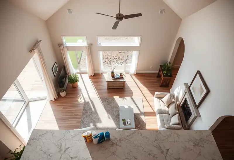 Illustration of clean bright living room with cleaning supplies on a counter in a 2009-era home