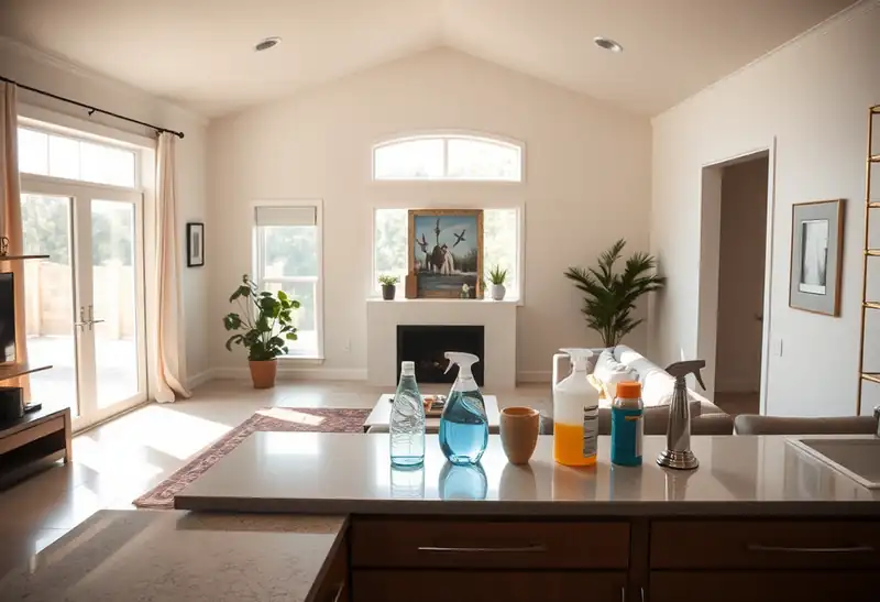Illustration of clean bright living room with cleaning supplies on a counter in a 2009-era home