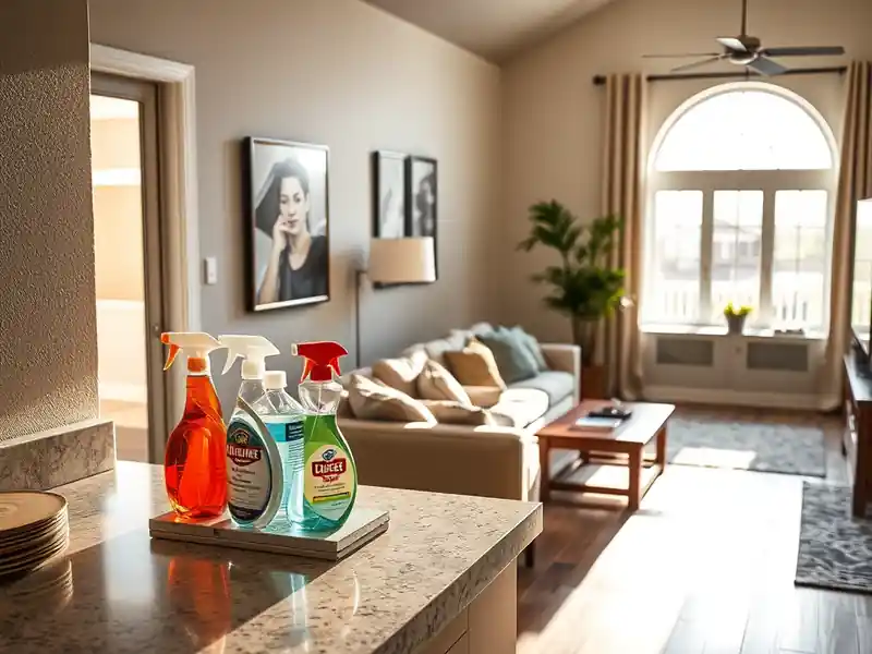 Illustration of close-up of materials and finishes of clean bright living room with cleaning supplies on a counter in a 2009-