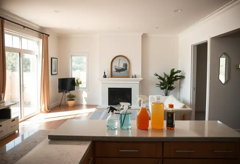 Illustration of clean bright living room with cleaning supplies on a counter in a 2009-era home