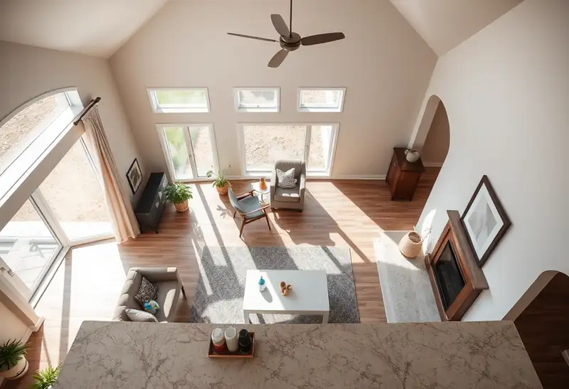 Illustration of a bright living room with wooden floors and large windows.