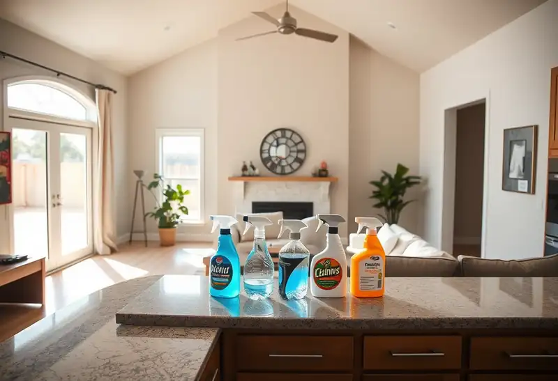 Illustration of clean bright living room with cleaning supplies on a counter in a 2009-era home