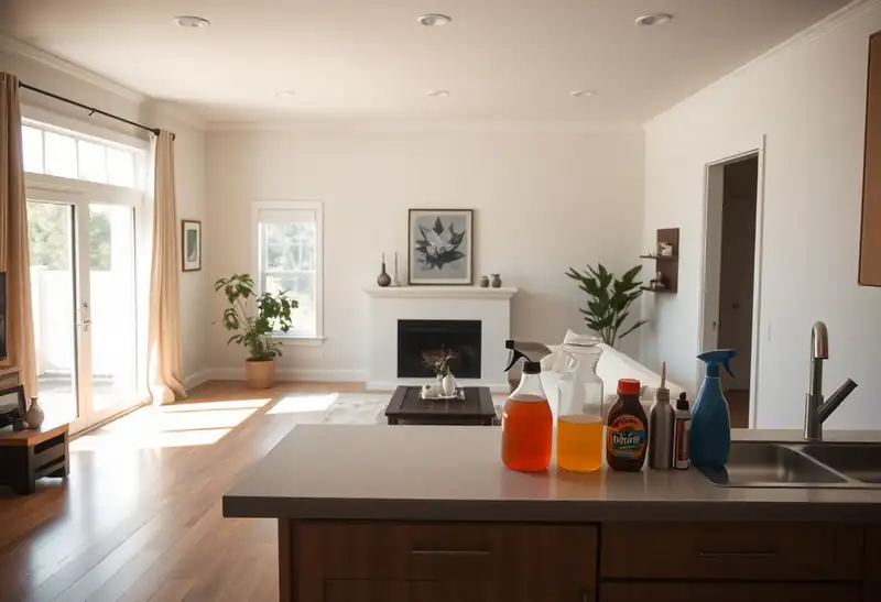 Illustration of clean bright living room with cleaning supplies on a counter in a 2009-era home
