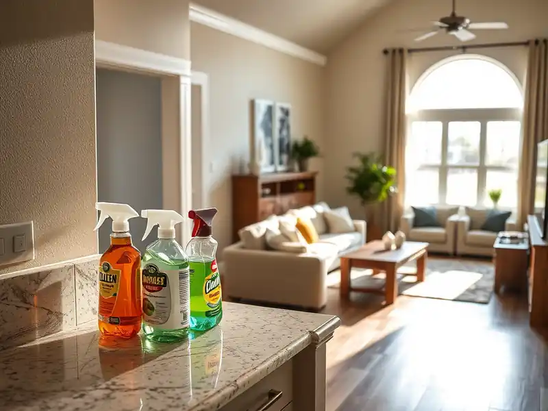 Illustration of close-up of materials and finishes of clean bright living room with cleaning supplies on a counter in a 2009-