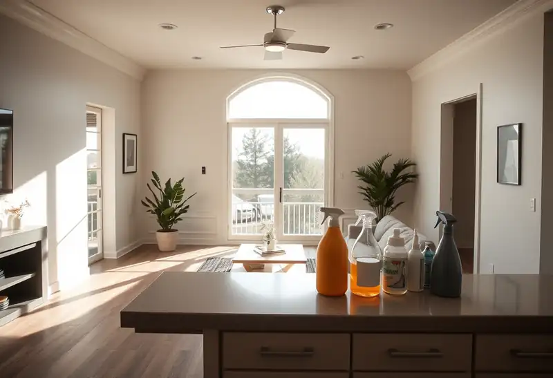 Illustration of clean bright living room with cleaning supplies on a counter in a 2009-era home