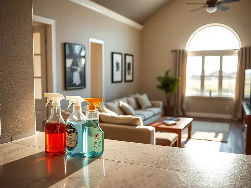 Illustration of close-up of materials and finishes of clean bright living room with cleaning supplies on a counter in a 2009-