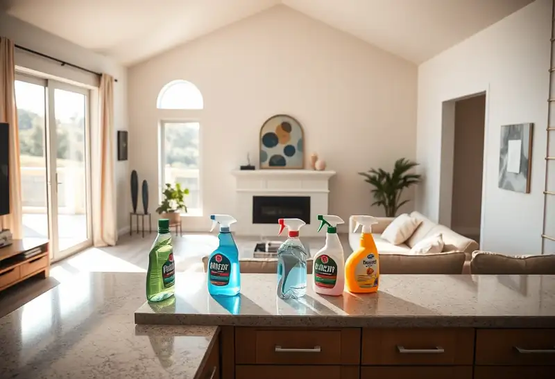 Illustration of clean bright living room with cleaning supplies on a counter in a 2009-era home