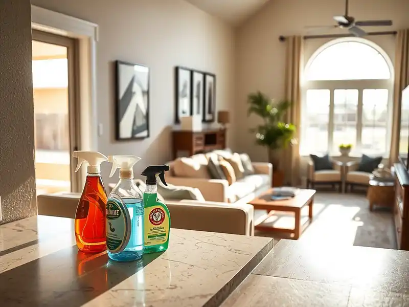 Illustration of close-up of materials and finishes of clean bright living room with cleaning supplies on a counter in a 2009-