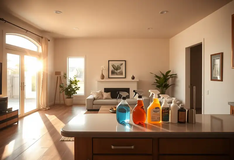Illustration of clean bright living room with cleaning supplies on a counter in a 2009-era home