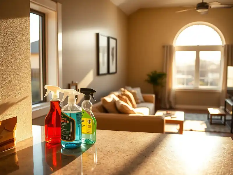 Illustration of close-up of materials and finishes of clean bright living room with cleaning supplies on a counter in a 2009-