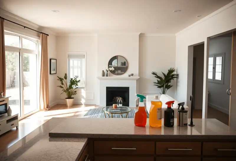 Illustration of clean bright living room with cleaning supplies on a counter in a 2009-era home