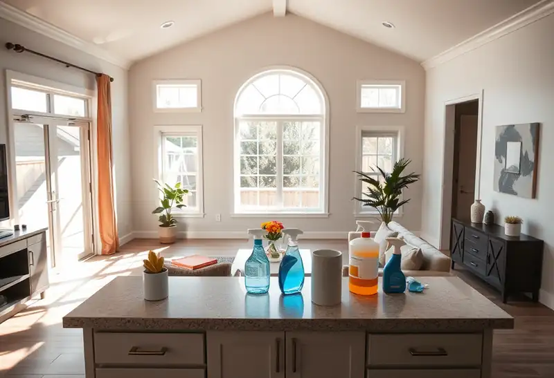 Illustration of clean bright living room with cleaning supplies on a counter in a 2009-era home