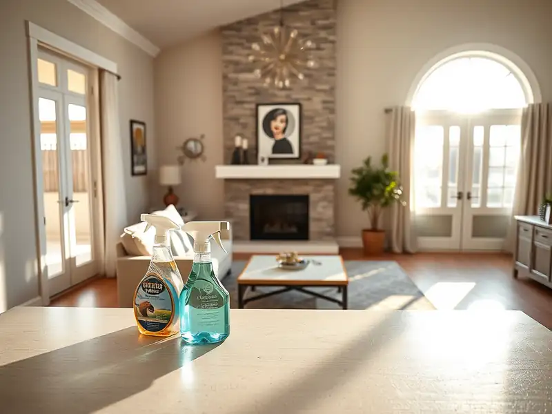 Illustration of close-up of materials and finishes of clean bright living room with cleaning supplies on a counter in a 2009-